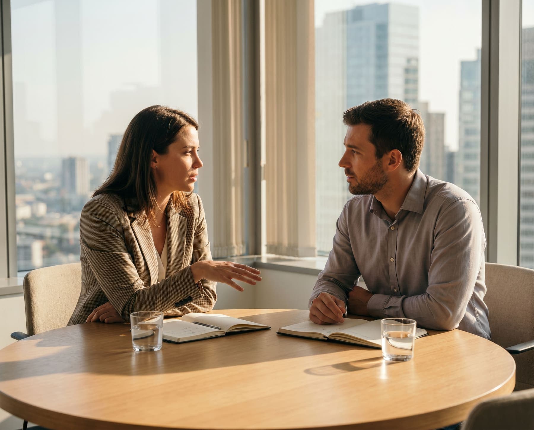 Recruiter and candidate discussing next steps in a professional setting.