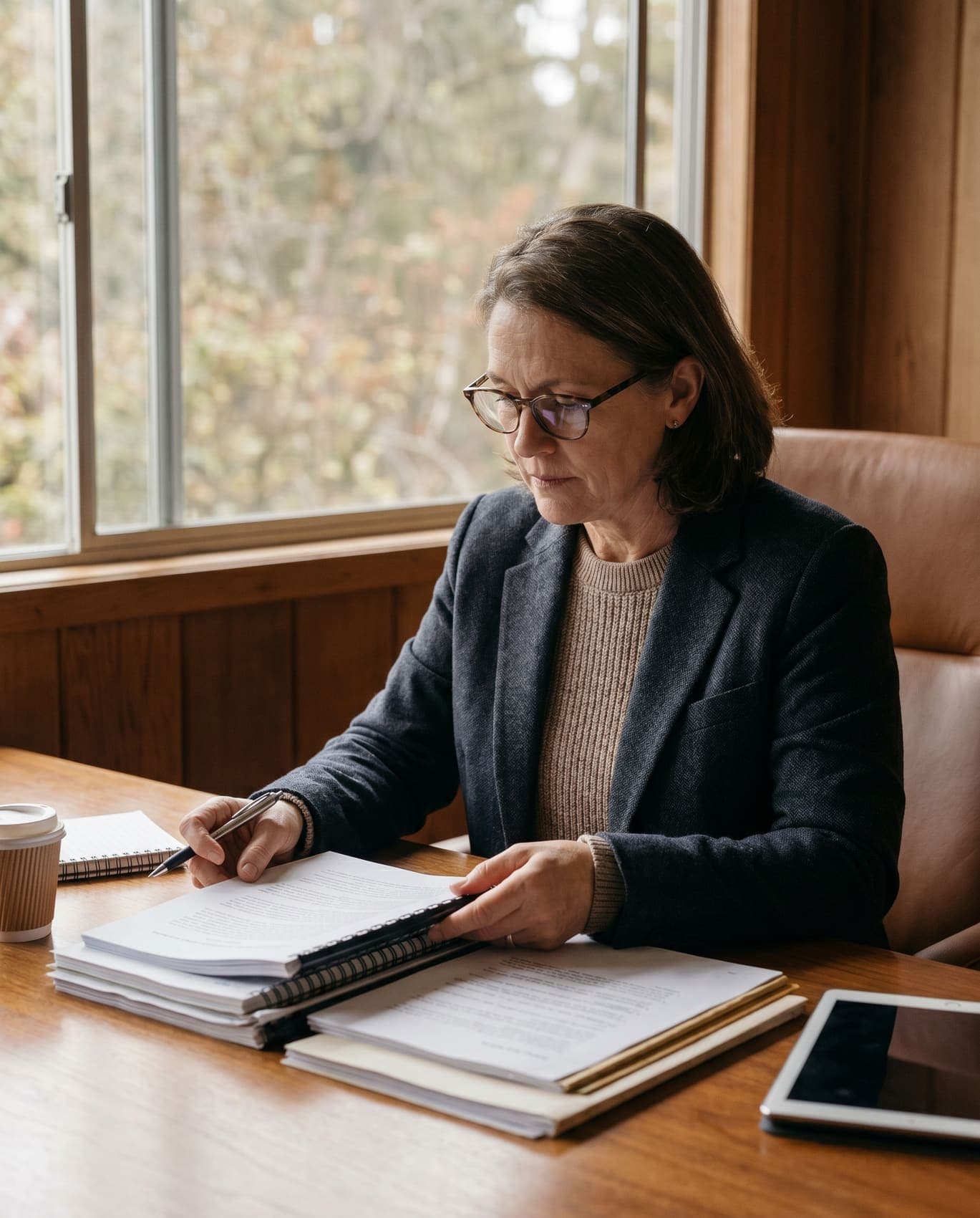 Consultant reviewing candidate and project fit materials in a quiet professional setting.