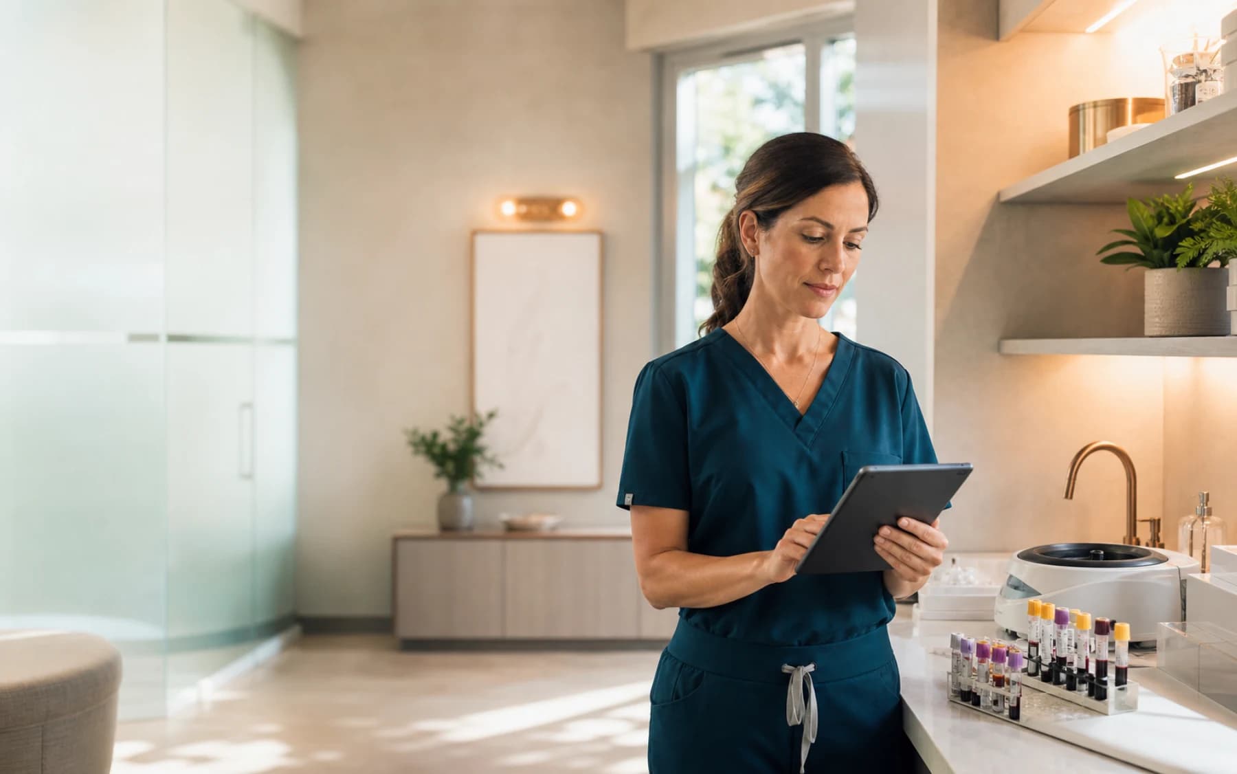 Registered nurse reviewing diagnostic information in a modern preventive-care clinic.